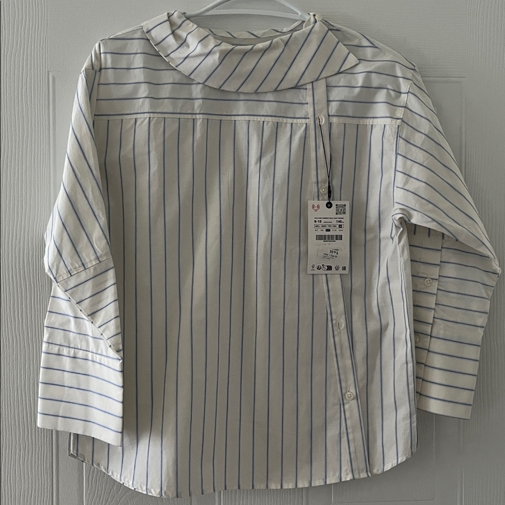 Zara White and Blue Pinstripe Blouse